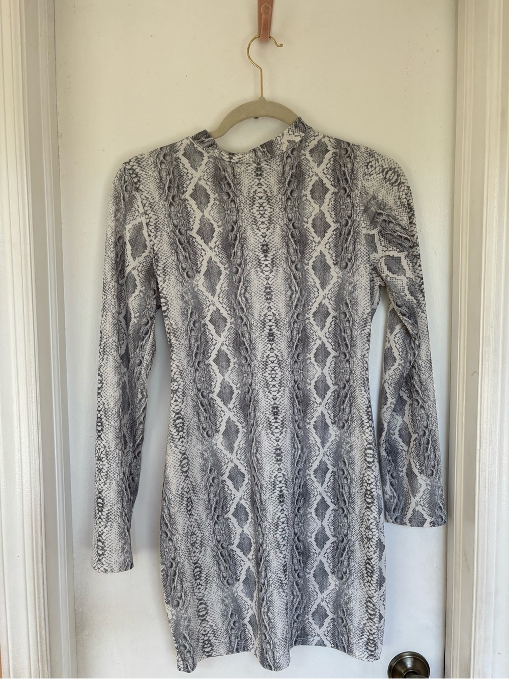 Long Sleeve Snake Print Dress,high neck w 10”back zipper. Gray & Dull White  (S)